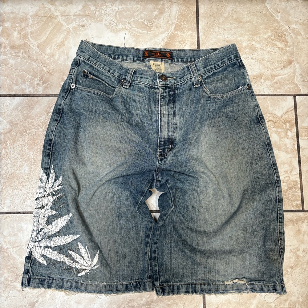 Men's Blue Jean Shorts with Leaf Design